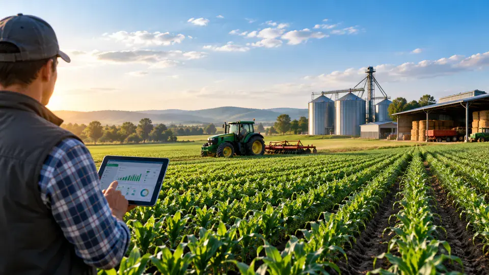 Modern agricultural field with equipment and operational planning context